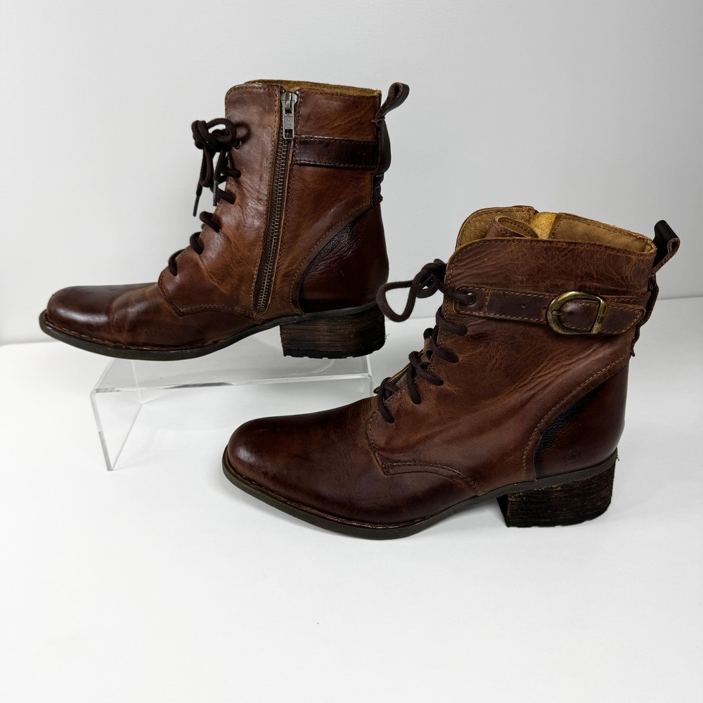 Born Brown Leather Ankle Boots Womens 10 MHF8 Goblincore Earthy Moto Lace Up Zip